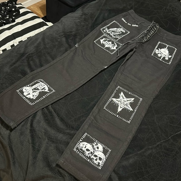 Dolls Kill Denim - NWT Widow Miss Murder Lace-Up Patch Jeans, Med